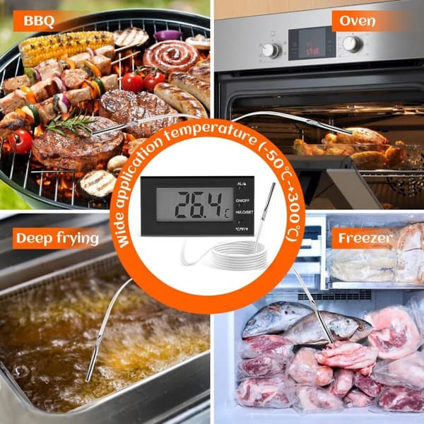 Digitalt ovntermometer -58°F til 572°F/-50°C til 300°C med probe, høj- og lavtemperaturalarm, LCD-display, Celsius/Fahrenheit (sort)