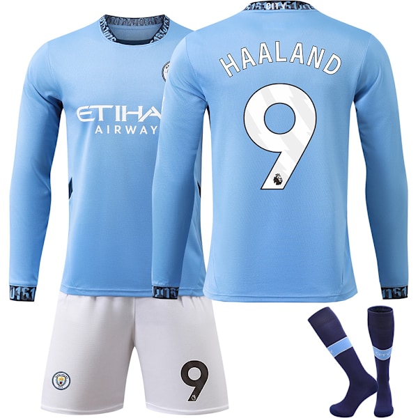 Manchester City Hjemme Barn Langermet Fotballdrakt Sett Nr. 9 Haaland 2024-2025 M