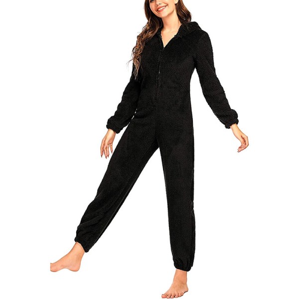 Hoodie med dragkedja för kvinnor Plysch långärmad pyjamas Bodysuits i ett stycke BLACK XL