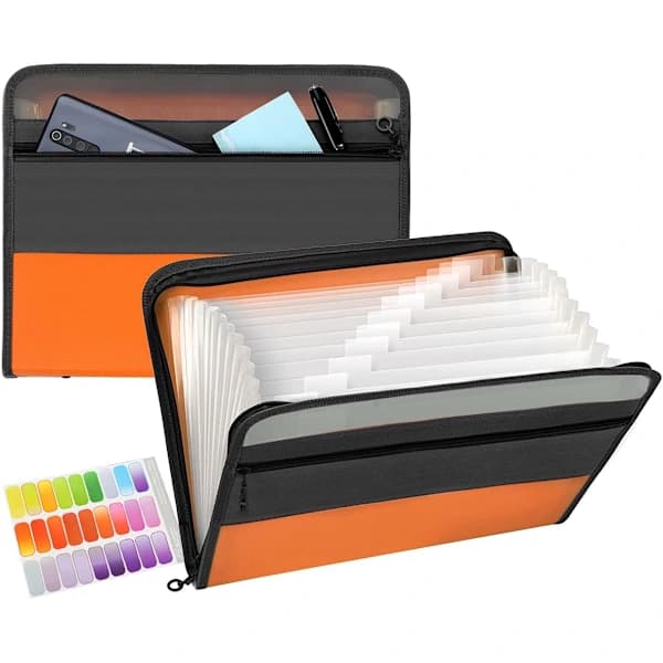 Expanding folder with 13 pockets and zipper, A4 plastic document with practical front pocket for personal office storage - orange orange orange orange
