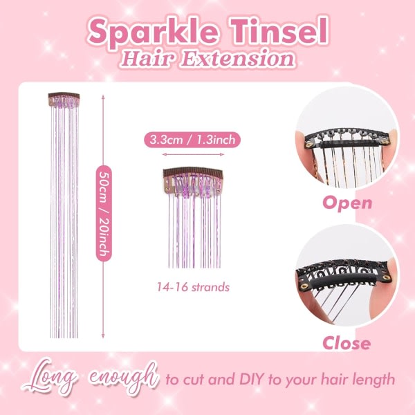 IC Clip in Hair Tinsel Kit, paket med 6 st Glitter Fairy Tinsel Hair Extensions 20 tums glänsande hår glitter Värmebeständig (silver)