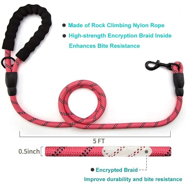 FT Strong Dog Leash with Comfortable Padded Handle and Highly Reflective Threads for Small, Medium, and Large Dogs (1.5 m, Pink)