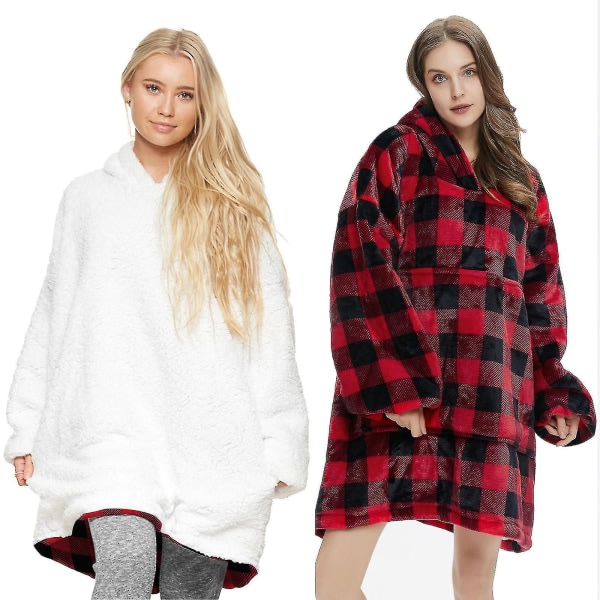 Hættetrøje Oversized Sherpa Fleece Ultra Giant Comfy Hoodie Rød Sort Grid Voksen