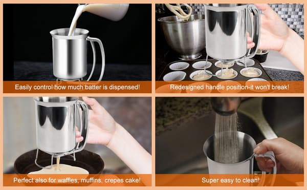 Pannekakerøre-dispenser, 680 ml røre-dispenser i rustfritt stål med avtakbart håndtak for pannekaker, traktebakst og muffins