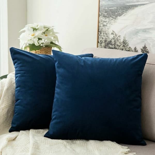 Sæt med 2 dekorative sofapudebetræk i fløjl, superbløde og komfortable, boligindretning til stue og soveværelse, til sofa 60x60 cm, mørkeblå