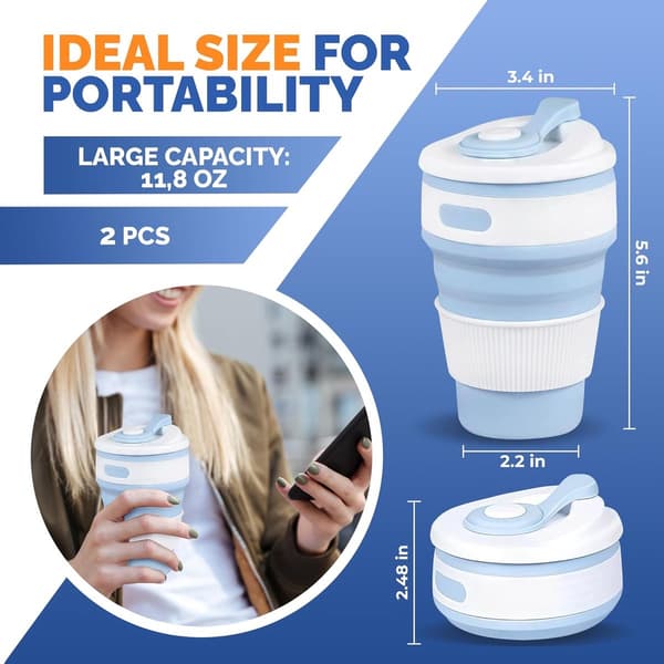 delar - 350ml - Blå - Hopfällbar - resemugg - silikon - Campingmugg - silikonmugg - mugg - med - lock