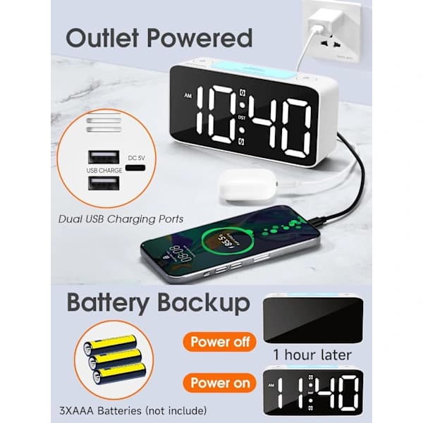 Digital väckarklocka för tungsovare, extra högt dubbellarm med 7-färgs nattlampa, stor LED-display, vit White