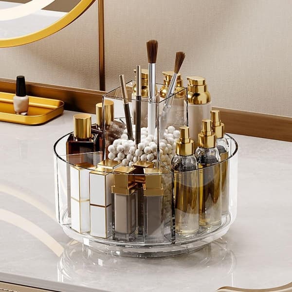 Makeup Organizer, Klar PS-plast, 360° Roterende Opbevaringsbakke Med 5 Rum til Badeværelse, Soveværelse og Kontor