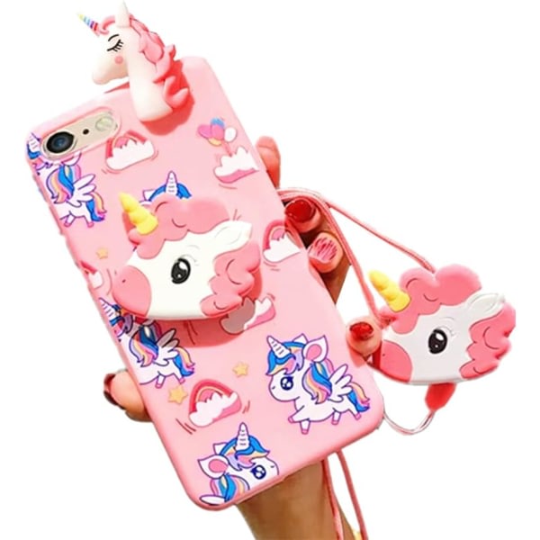 IC Unicorn- case iPhone 7/8/SE 2020 4,7" med snöre, 3D Cartoon Cute Kickstand Case (sininen)