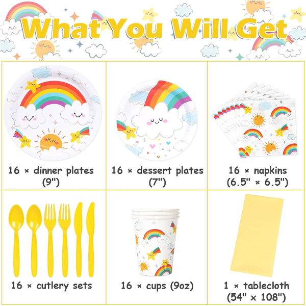 IC Rainbow-juhlatarvikkeet 16 vieraalle, Rainbow-syntymäpäiväkoristeet tytöille, lautasliinat, pöytäliinat, kupit, välineet mukana, yhteensä 113 kpl