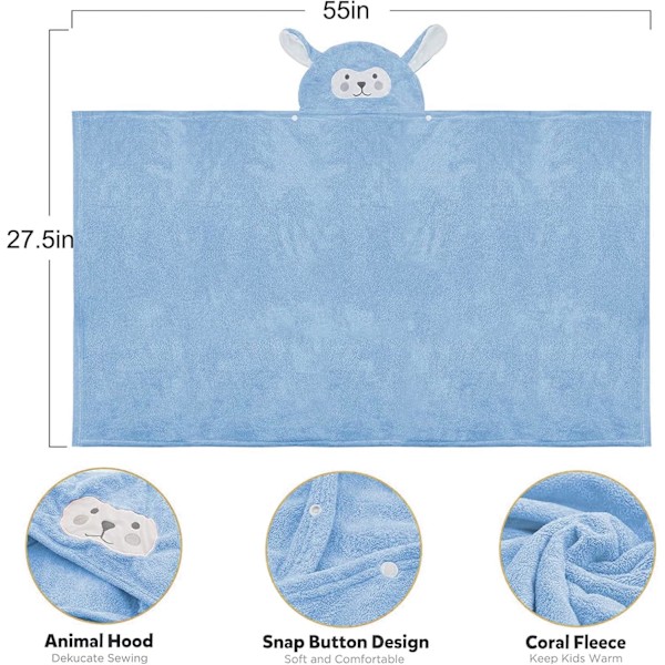 Baby badehåndkle sett, 70 x 140 cm hettehåndkle for baby, hettehåndkle baby, badehåndkle for småbarn, babyhåndkle sett, med søte ører for babybad Animal blue
