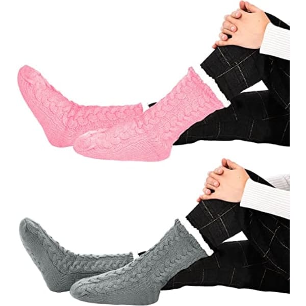 2 stk. Varme Slipperstrømper, Skridsikre Slipperstrømper - grå+rosa