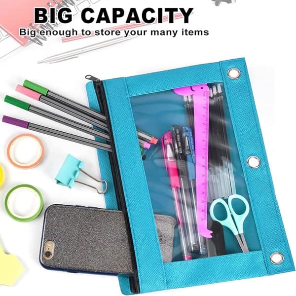 IC Pennesæk 3 Ring, lynlås Penneetui Case Binder Kosmetik Blå