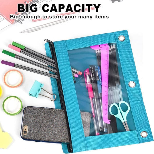 IC Pennmappe 3 Ring, Glidelås Pennmappe Case Binder Kosmetik Blå