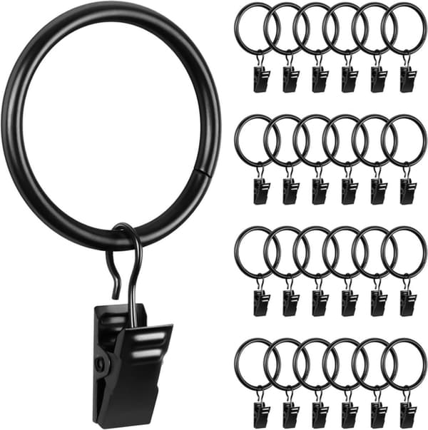 Bruseforhængsringe med clips, rustfrit stål kraftige rustbestandige kroge til badeværelsesforhæng, 25-pak, sort 32 mm