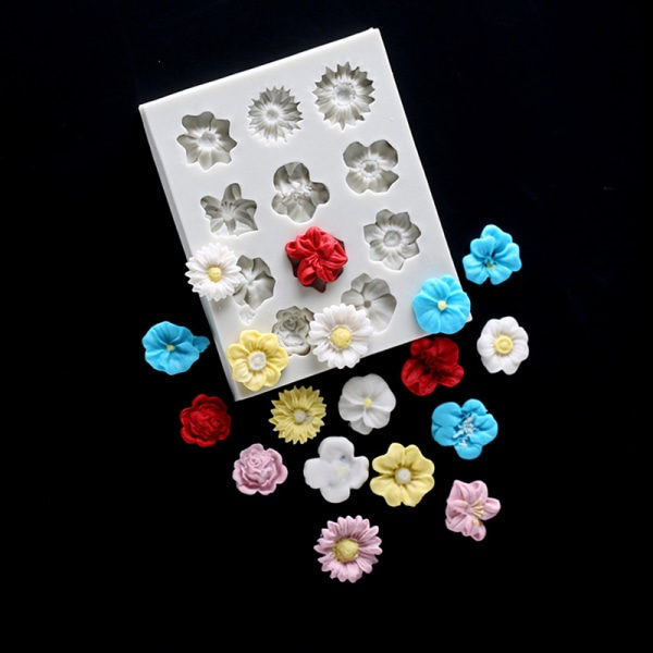IC 3D Solsikke Rose Blomster Silikon Kake Border Dekorasjon Sukker Grå