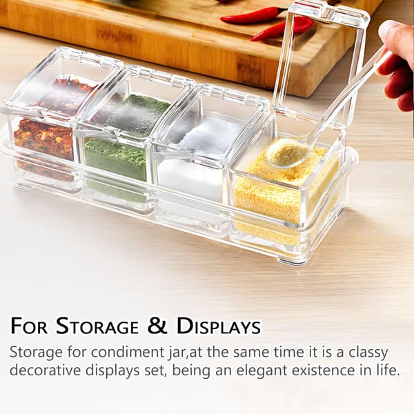 4-delt Transparent Krydderiboks - 25×10×7.5cm - Med Skeer & Skridsikker Bakke