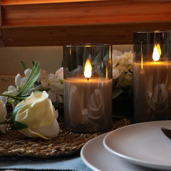 Sett med 3 LED-lys i glass med fjernkontroll, perlelys til jul, H10cm/ 12,5cm/ 15cm