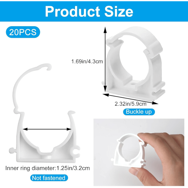 20 stycken rörklammer med innerdiameter 32 mm, enkel diameter, plastklammer, för vattenrör, gasrör