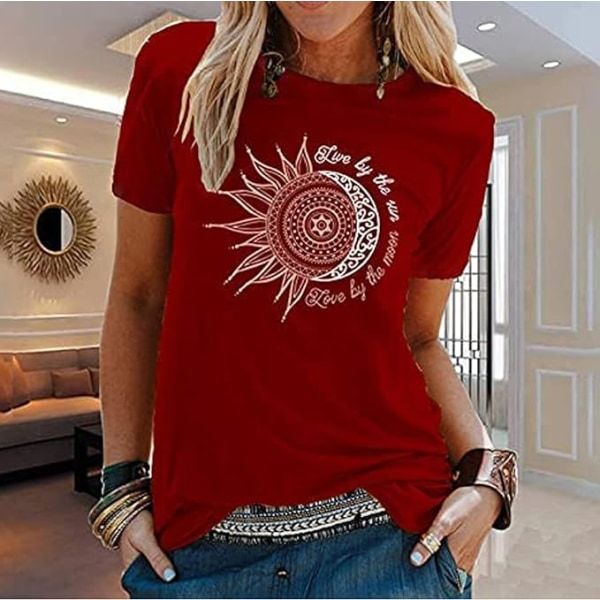 Kesä T-paita naiset Aurinko ja Kuu Auringonkukka Print Kuvio T-paita Pyöreä Kaula Basic Casual Top (XL viininpunainen) Viininpunainen