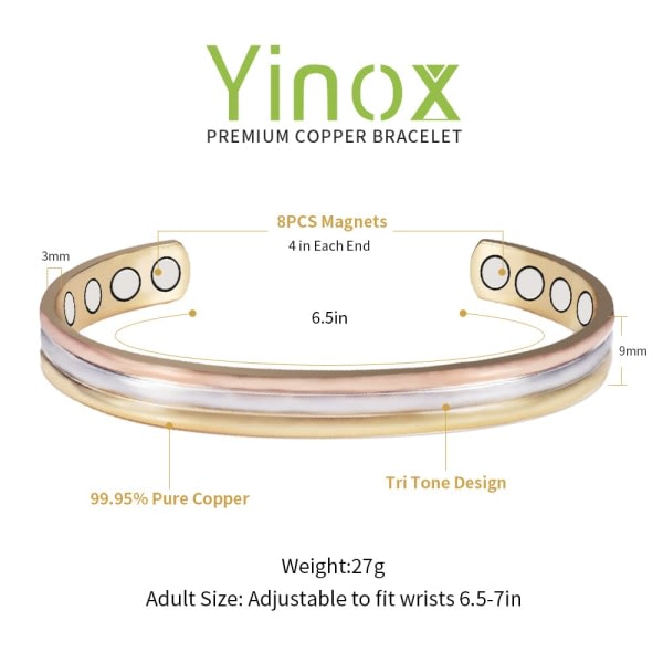 IC Unisex trefärgat magnetisk koppararmbånd, koppararmbånd med 8 magneter, 6,5 tum, justerbar størrelse, kvinnodagspresent til mamma, fru