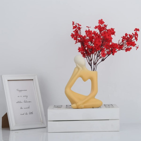 IC Keramisk gul tänkande vas staty, abstrakt figurvasdekoration, frostad design, abstrakt modern konstfigur för modern inredning