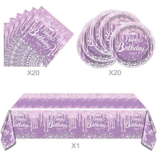 IC Purppura Glitter Diamond Festservis, Fantasy Purppura Glitter Diamond Tyttöjen Syntymäpäiväjuhlasetti, Glitter Diamond Teema (Lila)