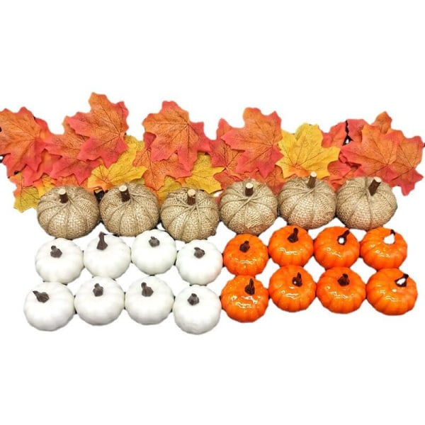 Hanksgiving-set, konstgjorda lönnlöv, skördepumpor, kalebasser, röda bär för höst, höst- och halloweendekoration av hemfest