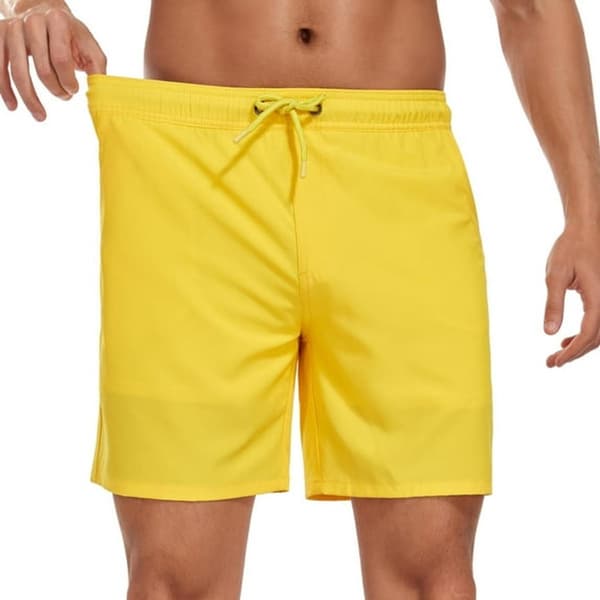 Badshorts för herrar med kompressionsfoder, snabbtorkande strandshorts, 18 cm innersöm, elastisk midja med dragsko, meshfickor, gul XL