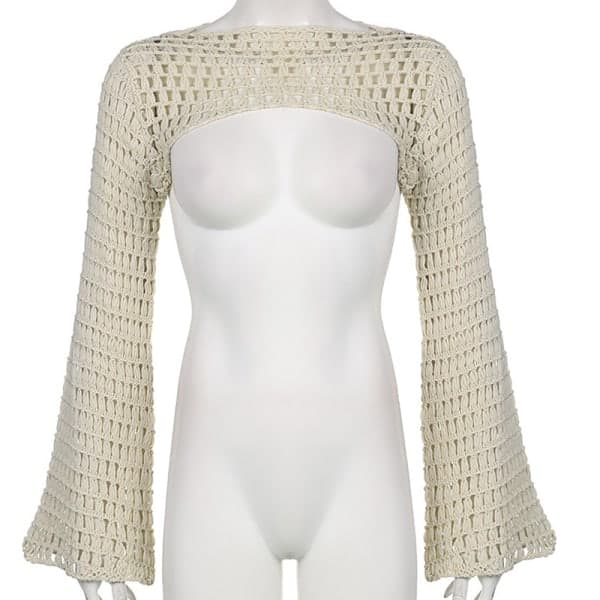 IC Kvinder Strikket Hollow Out Crop Top Lang Flared Shrug Sweater Sort