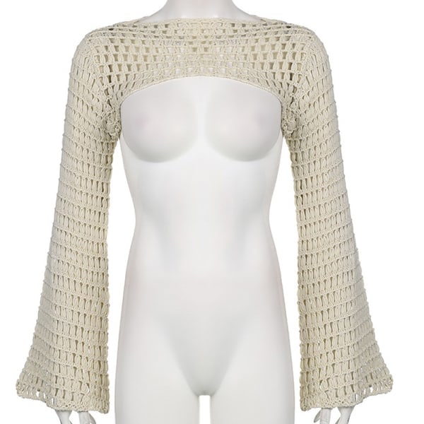 IC Kvinnor Stickad Hollow Out Crop Top Lång Utsvängd Axelryckningströja Svart
