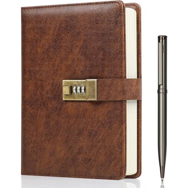 Låsbar Dagbog, A5 PU-Læderjournal med Lås 240 Sider, Vintage Lås Journal Adgangskodebeskyttet Notesbog med Pen og Gaveæske, 8,6 x 5,8 tommer