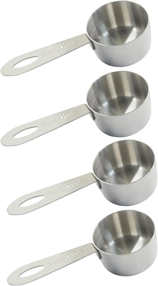 4 stk. Målekopper i rustfritt stål, 1/8 kopp 30 ml kaffeskje for baking, krydder og pulver, sølv
