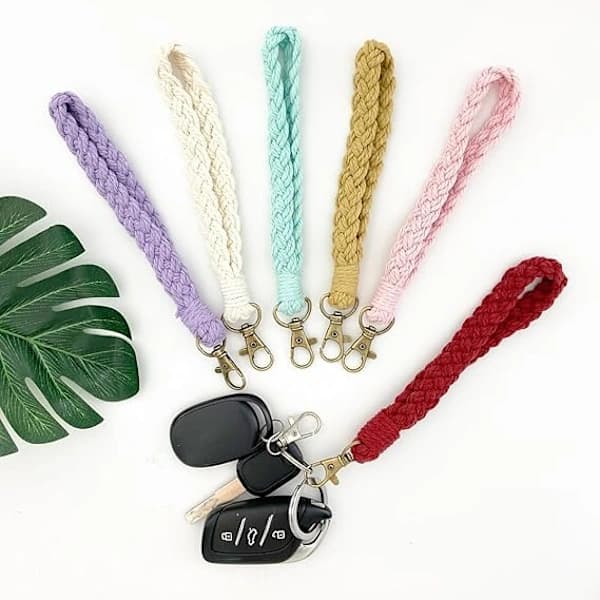 6 Pcs Soft Macrame Keychain Bracelets Handmade Wristlet Key Ring Holder Rustic Style Wrist Strap For Women