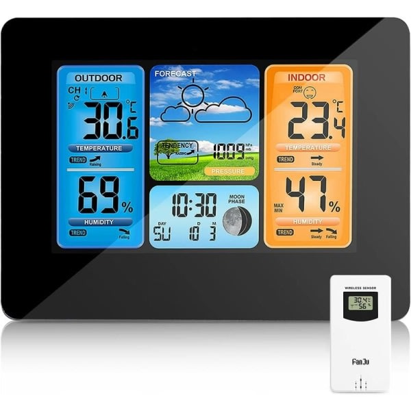 IC Trådlös väderstation, temperaturbarometer Digital inomhustemperaturbarometer för utomhusbruk med utomhusväggarklocka med barometertryck (svart)