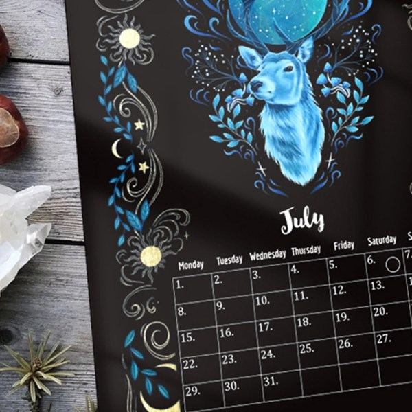 Månekalender 2024 - Mørk Skov Lunar Kalender Væghængende Kalendere med 12 Illustrationer, Månedsplanlægger, Gothic Witch Lunar Gave til Venner
