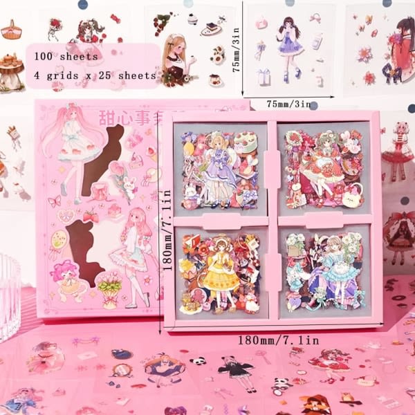 IC 100 ark Kawaii Girls Stickers Kit för journalföring - söt söt tecknad PET Transparent Collage Scrapbooking Tillbehör