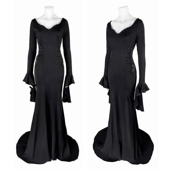 Onsdag Morticia Addams Cosplay Kostume Sexy Sort Kjole Til Kvinder Halloween Karneval Party Kostume Med Paryk S
