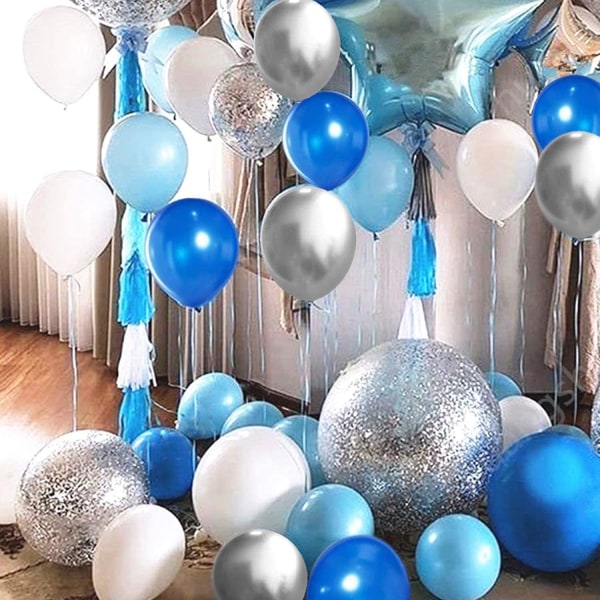IC 62 st blå silver vita konfettiballonger, 12 tums vita kungliga blå ballonger Metalliska silverballonger Blå sliver konfettiballonger