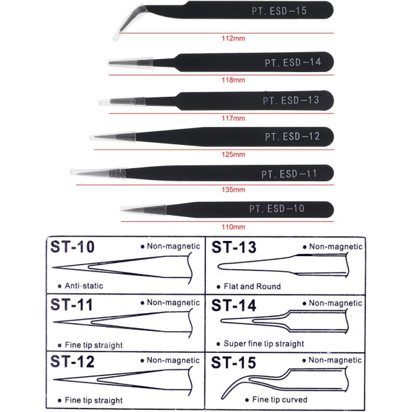 6 st set, antistatiskt rostfritt stål, icke-magnetiskt krökt set（svart）