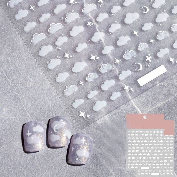 Nagelhimmel Nail Art Dekaler 3D Vit Måne Stjärnmolnmönster Nageltips Semitransparent Design Mode Charm DIY Tånaglar Nageltatueringar 3 ark