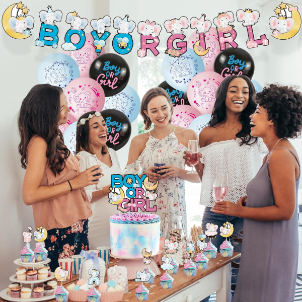 IC Baby Gender Reveal -juhlatarvikkeita, sininen ja Rosa Baby Shower, sisältäen Pojke eller Flicka Elefant Banner Cake Topper