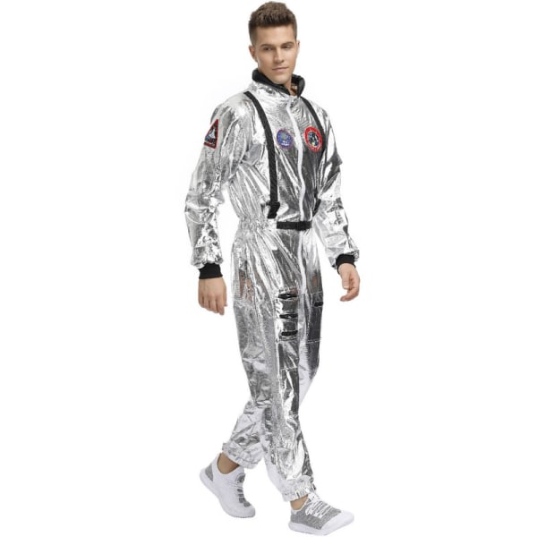 Jumpsuit för vuxna astronautkostym Silver rymddräkt för män med broderade lappar och fickor storlek XL