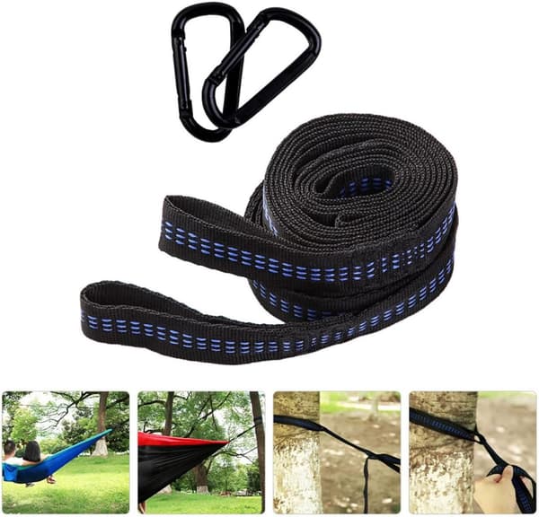 Hängmatsremmar 2-pack, justerbara 2M polyesterträdremmar med karbinhakar och bärväska för camping, gungor, svart och blå