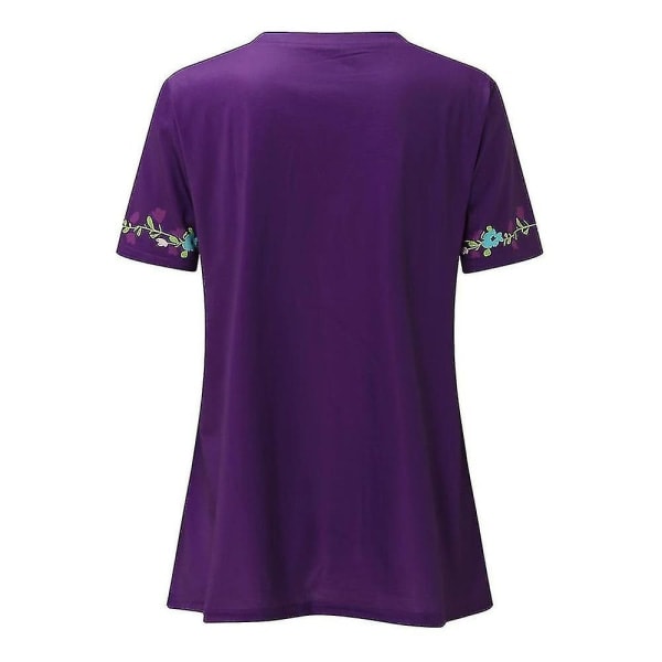 Naisten Boho-kukkainen lyhythihainen V-pääntie T-paita Casual Tops Tee Violetti 3XL
