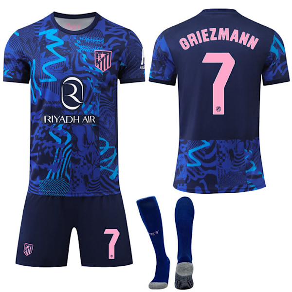 Atletico Madrid 2 bortatröja mörkblå La Liga fotbollsuniform Nr. 7 Griezmann 19 Alvarez No. 19 with socks #2XL