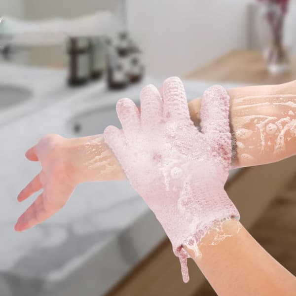 Eksfolierende kroppsskrubb-hansker, 2-pakning gjenbrukbare vaskbare dusjhansker for dyprens og massasje, elastisk passform for bad, spa, treningsstudio og reise, rosa