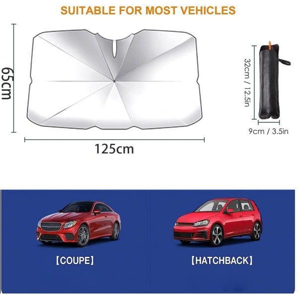 IC Vindrute solskjerm, 125 x 65 cm sammenleggbar bilsolskjerm, bil vindrute paraply Enkel å oppbevare og bruke, Passer for frontruter i forskjellige størrelser