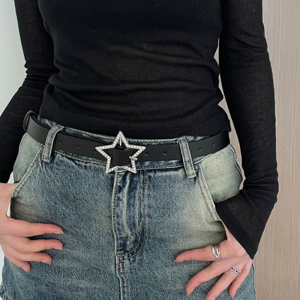 IC Kvinder Piger Denim Stjerne PU Læder Rhinestones Bælte Sød Korset Sort