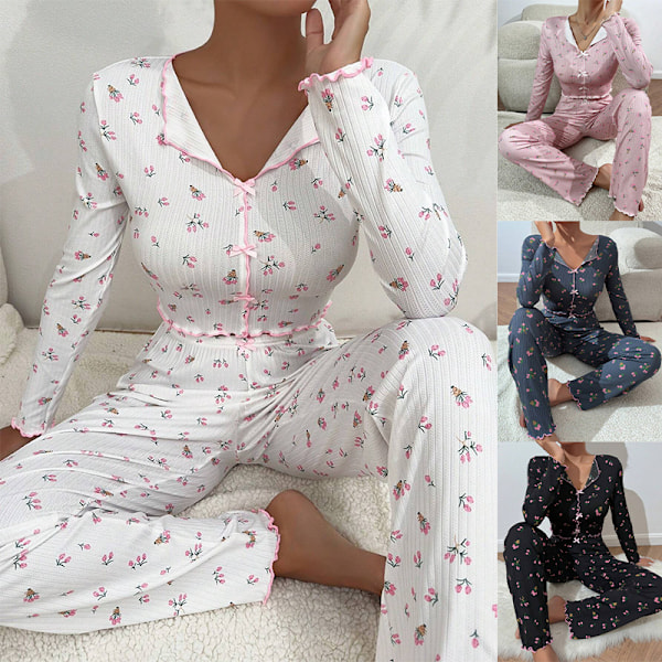 Hemma kläder avslappnade tryckta byxor långa ärmar europeisk och amerikansk stil ytterkläder dam pyjamas tvådelat set Black floral background M